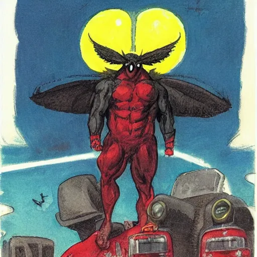 Prompt: ripped physique telekinesis man disguised as a mothman whilst wearing a fireman costume transmetropolitan jen bartel winslow homer darick robertson staedtler