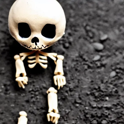 Prompt: an adorable simple ball jointed skeleton doll lovingly crafted by sclupted by hand from porcelain clay on a toy workbench, wearing a little bat poncho hoodie combo with jean shorts, worms eye view, macro camera lens, cinematic, focus