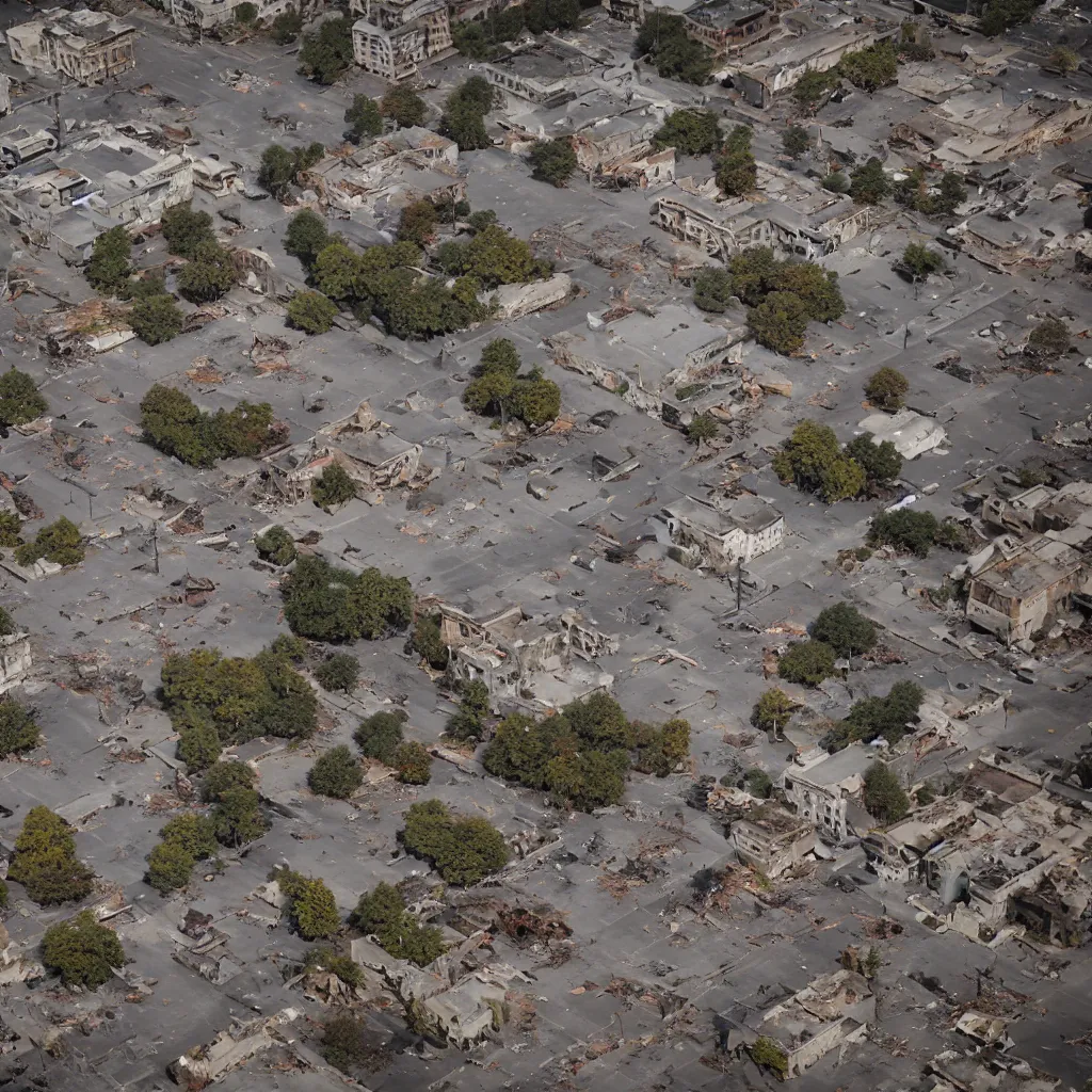 Image similar to top down aerial view of dilapidated city square in real life, desolate with zombies, dilapidated, zombies in the streets, nightmarish, some rusted style parked vehicles, sunny weather, few clouds, volumetric lighting, photorealistic, daytime, autumn, sharp focus, ultra detailed, cgsociety