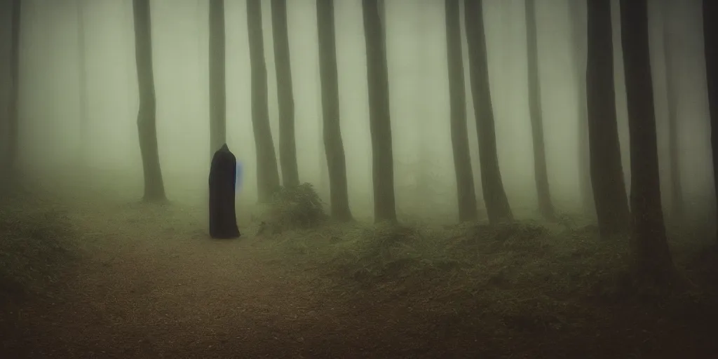 Image similar to a close shot of a grim reaper standing in a forest by studio ghibli, detailed, mythical, mist, depressing, tired, dark, lush, nature, mist, mystery, glows, somber, dismal, fog, heavy fog, dark lighting, glow, ambient light, cybernetic, sci-fi,