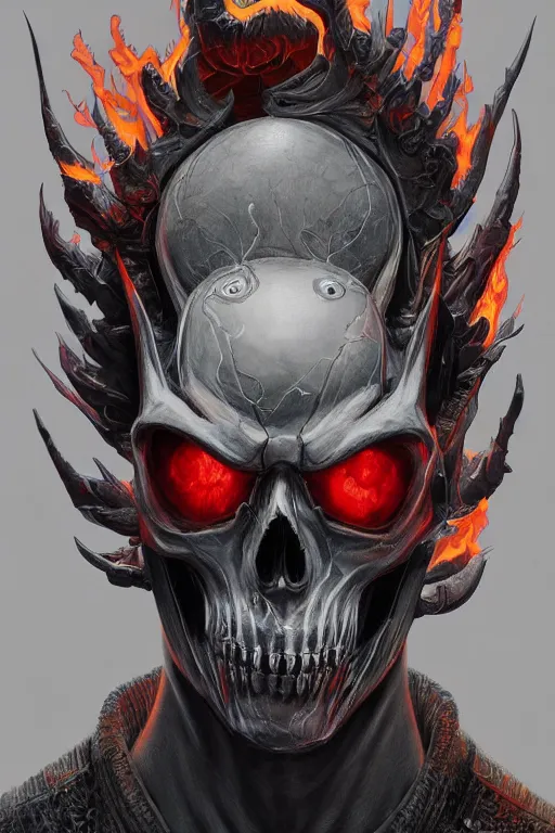 Prompt: Portrait of Ryan Gosling as Ghost Rider, half human face and half flame skull, marvel, dark, intricate, highly detailed, smooth, artstation, digital illustration by Ruan Jia and Mandy Jurgens and Artgerm and Wayne Barlowe and Greg Rutkowski and Zdislav Beksinski