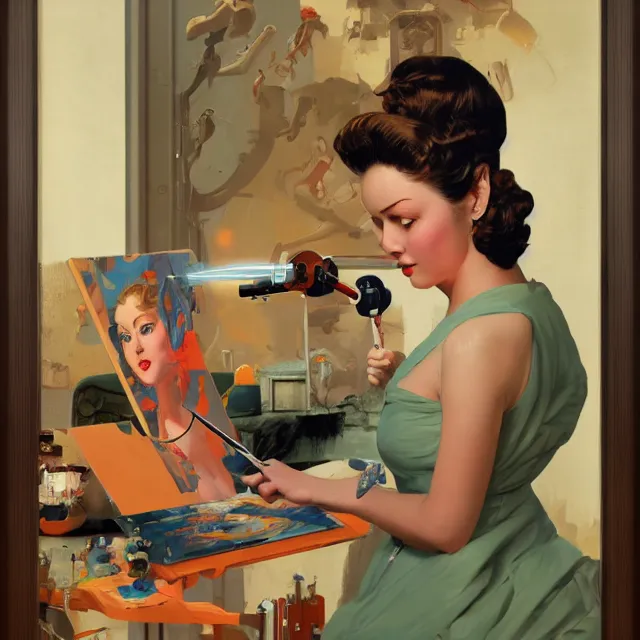 Image similar to robot artist painting a self - portrait on a canvas. intricate, highly detailed, digital matte painting, in the style of sachin teng, and in the style of gil elvgren. irony, recursion, inspiration.