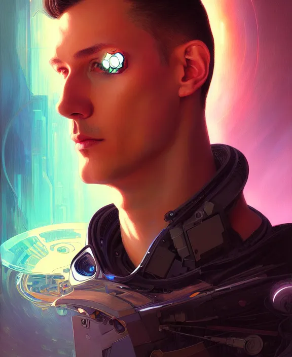 Image similar to a whirlwind inside the metaverse, guy, male, man, hologram, half body, neurochip, android, cyborg, cyberpunk face, by loish, d & d, fantasy, intricate, elegant, highly detailed, colorful, digital painting, artstation, concept art, art by artgerm and greg rutkowski and alphonse mucha