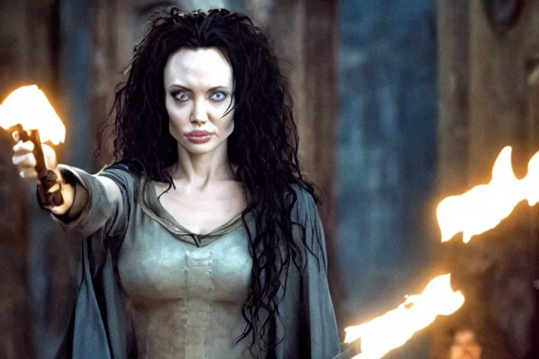 Image similar to film still Angelia Jolie as Bellatrix Lestrange in Harry Potter movie