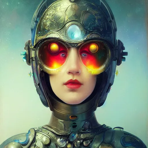 Image similar to tom bagshaw, rainbow lighting world curiosities carnival stars, photorealistic medium shot soft paint of a single very beautiful thicc female full long cyberpunk metallic armor ornate helmet face, accurate features, focus, very intricate ultrafine details, award winning masterpiece