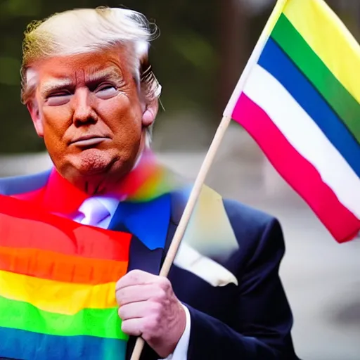 Image similar to Donald Trump wearing a dress and holding a pride flag