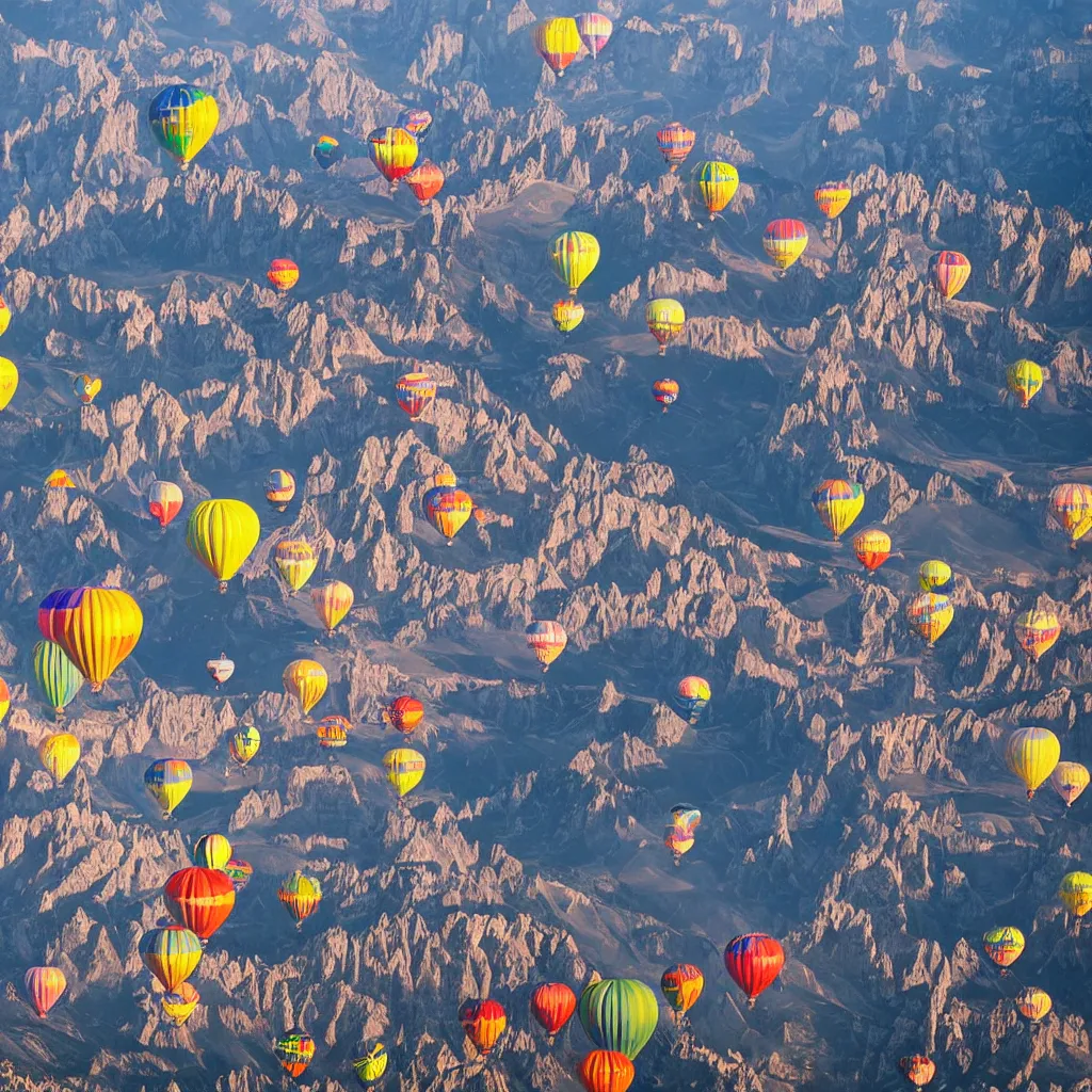 Image similar to sky parade of colorful zeppelins and balloons flying over swirling dolomites, birds eye view, casting shadows, light rays