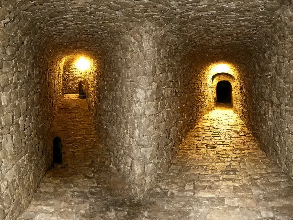 Prompt: Very detailed: A narrow tunnel in a dungeon
