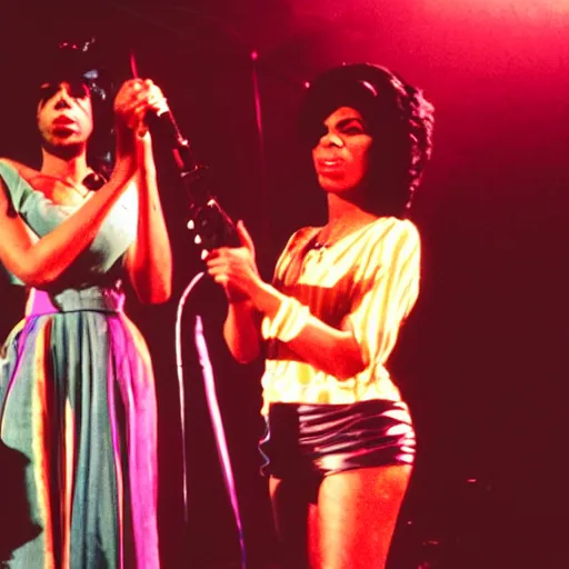 Prompt: film photo of Nina Simone and Amy Winehouse on stage at a club, dark lit, beautiful lighting, halation, realistic, chromatic aberration, dof, god rays, ektachrome 100,