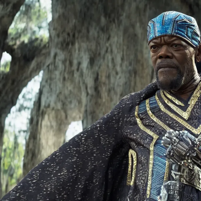 Image similar to film still of Samuel L Jackson as King T-Chaka in Black Panther, 4k