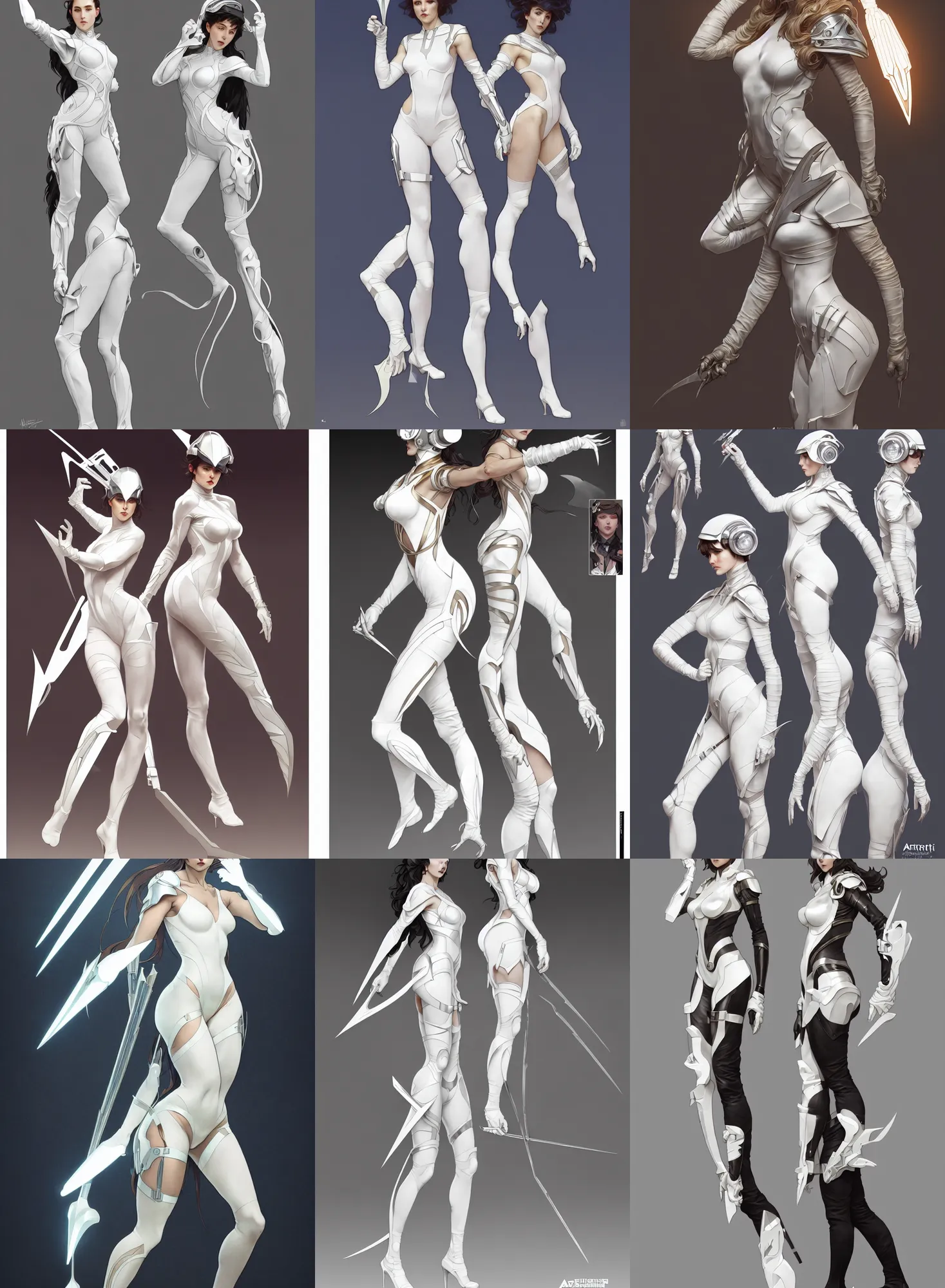 Image similar to a full body character design by artgerm, cushart krenz, greg rutkowski and alphonse mucha. sci - fi dagger. white tape project show attctive showgirl!! full body with helmet!! sharp edge. ultra clear detailed. contour light effect!! 8 k. stage light. ultra detailed, elegant, intricate, octane render.