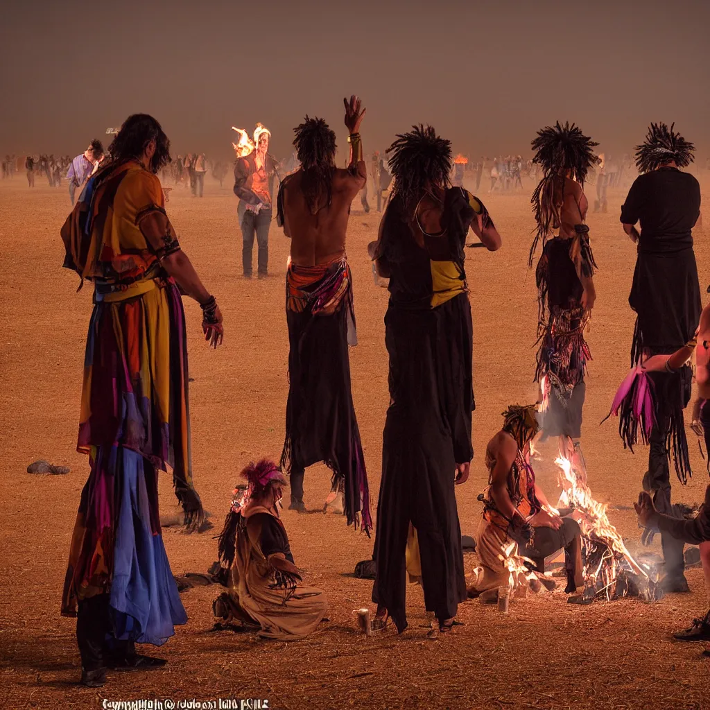 Prompt: atmospheric photograph of three ravers, two men, one woman, woman is in a trenchcoat, blessing the soil at night, seen from behind, people facing fire circle, two aboriginal elders, dancefloor kismet, diverse costumes, clean composition, desert transition area, bonfire, atmospheric night, australian desert, symmetry, sony a 7 r