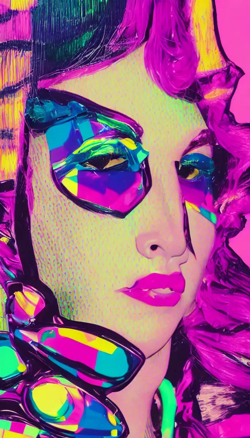 Prompt: a close up of a person wearing a plastic head, a pop art painting by hedi xandt, behance, plasticien, y 2 k aesthetic, pop art, seapunk