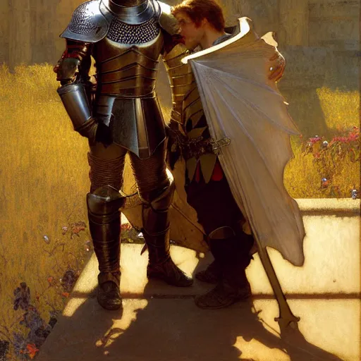 Image similar to attractive arthur pendragon and his attractive male knight, they are in love, natural lighting, path traced, highly detailed, high quality, digital painting, by gaston bussiere, craig mullins, alphonse mucha j. c. leyendecker