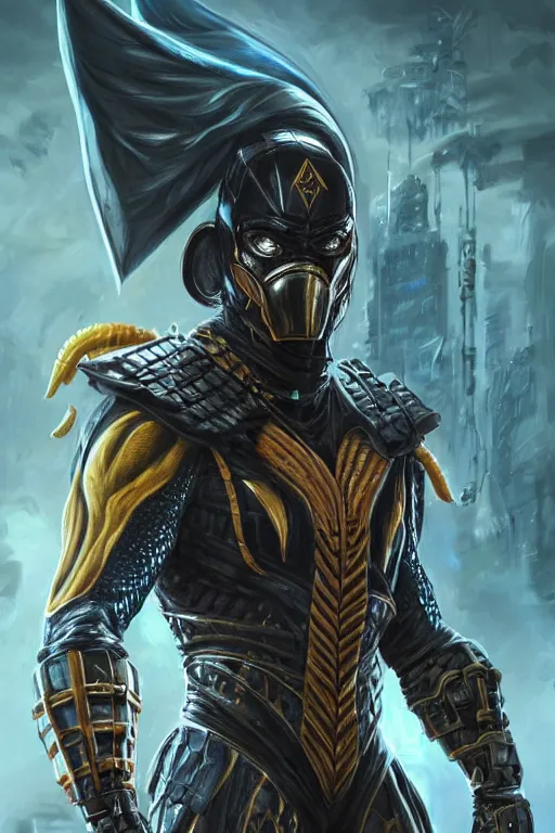 Image similar to ultra realistic illustration, scorpion from mortal kombat dressed like a wakandan warrior, hacknaut cyberpunk, sci - fi, fantasy, intricate, elegant, highly detailed, digital painting, artstation, concept art, smooth, sharp focus, illustration, art by artgerm and greg rutkowski and alphonse mucha