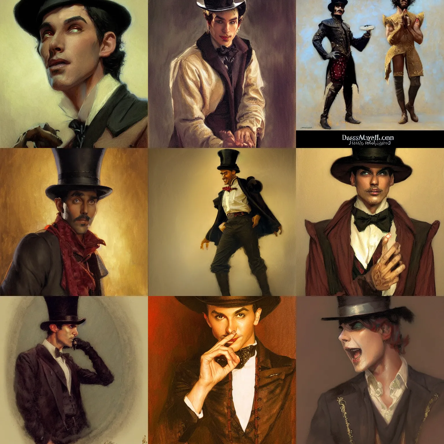 Prompt: medieval, charming male magician, dark skin, tophat, character design, painting by gaston bussiere, craig mullins, j. c. leyendecker, tom of finland