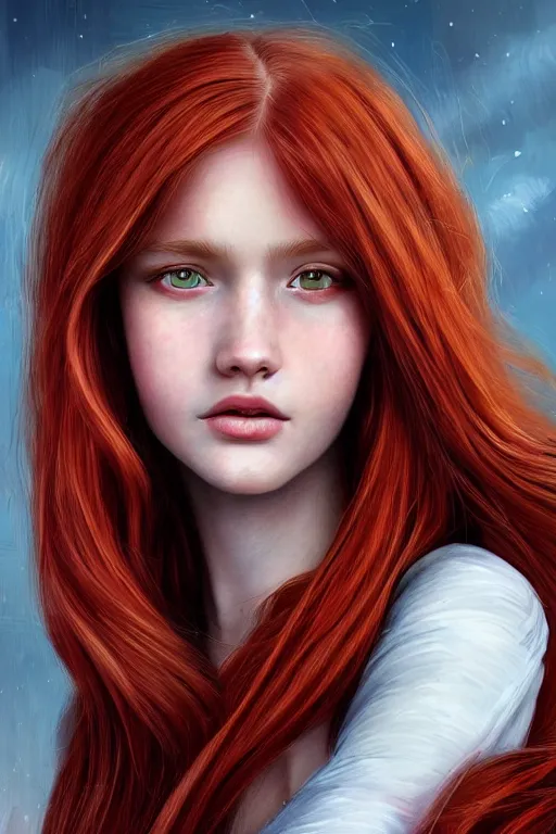 Image similar to ultra realistic style illustration of a beautiful cute red haired joyful teen girl, long hair, 1 9 year old, portrait, sci - fi, fantasy, intricate, elegant, digital painting, artstation, concept art, smooth, sharp focus, illustration, 8 k frostbite 3 engine, ultra detailed, art by artgerm and greg rutkowski and magali villeneuve