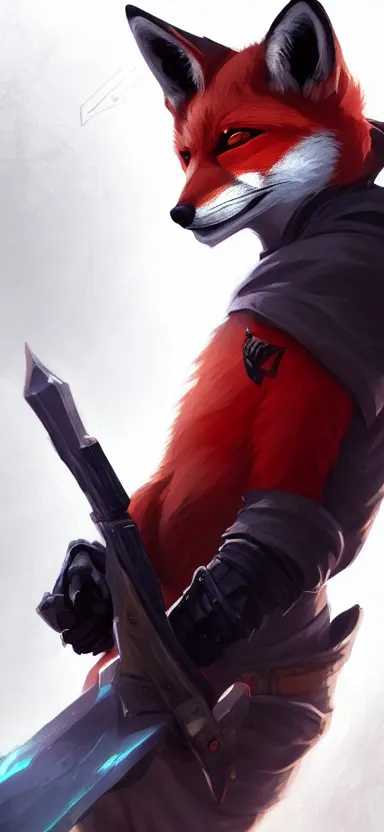 Prompt: a league of legends concept art of an anthropomorphic red fox in a black hoodie with scar on a face holding a gun, front view, artstation, digital art, oc commission, style by jordan grimmer and greg rutkowski, 4 k resolution