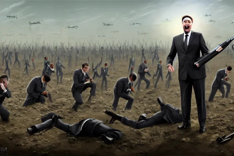 Prompt: one Comedian in suit and tie performing in a battle-field with dead bodies on the ground, comedian is funny, performing to dead soldiers, nuclear bomb in far horizon, apocalypse, trending on artstation, artstationHD, hyperdetailed matte painting, highly detailed, digital painting, hyper-realistic, realistic, photo-realistic