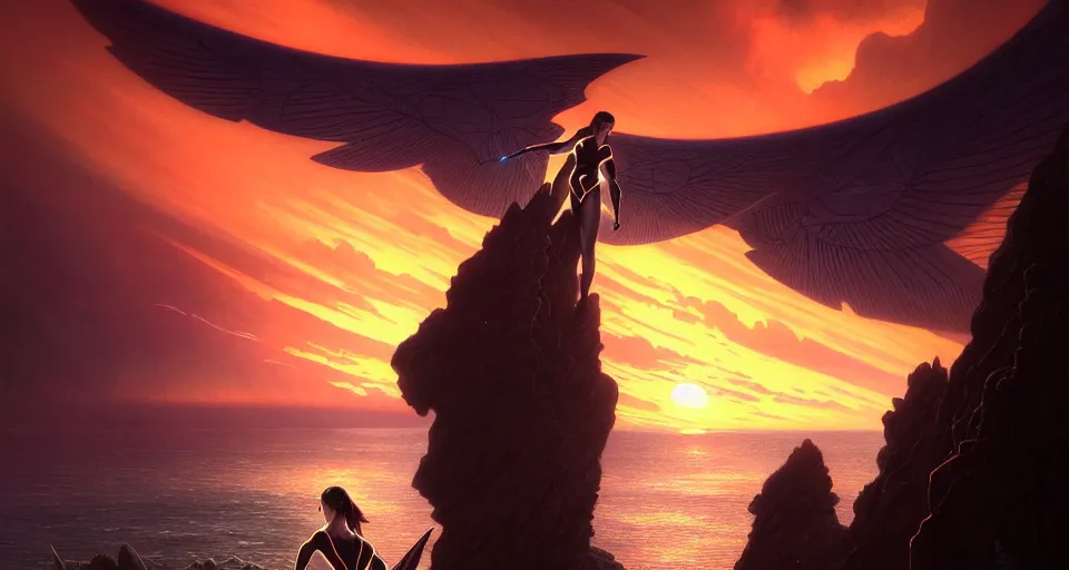 Image similar to tron wings in front mind bending sunset, cliffside ocean scene, backlit, aesthetic, elegant, diffuse lighting, hyper realistic, elegant, intricate, hyper detailed, smooth, sharp focus, concept art, illustration, trending on artstation, art by artem demura, greg rutkowski, james gurney, and alphonse mucha