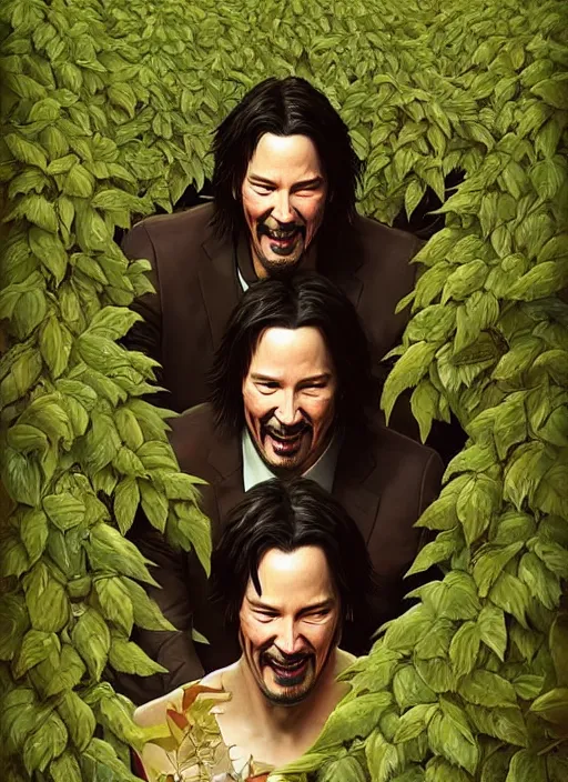 Prompt: highly detailed comedy caper movie poster with silly wacky zany keanu reeves as a sentient pile of leaves, keanu reeves green face as a sentient leafy bush by greg rutkowski, masterpiece, really funny, 1 0 / 1 0 comedy