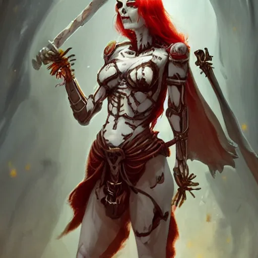 Prompt: cute & beautiful smug smiling undead skeleton girl with very attractive face and red hair dressed as a roman warrior, elegant, digital art, fullbody painting, fantasy, pixar style, painting, pin up, highly detailed, artstation, art by artgerm, vrubel, greg rutkowski, ilya kuvshinov, raymond swanland