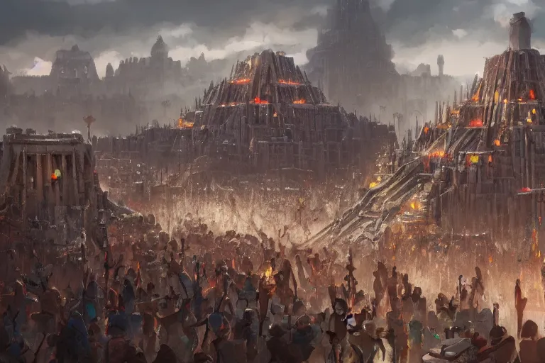 Image similar to brutalist Aztec architecture, crowds at the sacrifice, Jessica Rossier and andreas rocha