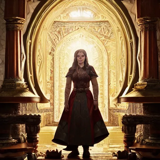 Image similar to the elder scrolls vi, charismatic regal brunette female jarl, portrait, throne room, atmospheric lighting, painted, intricate, volumetric lighting, beautiful, daytime, sunny weather, slight overcast, sharp focus, deep colours, ultra detailed, by leesha hannigan, ross tran, thierry doizon, kai carpenter, ignacio fernandez rios