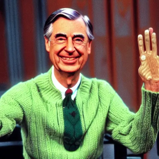 Image similar to mr. rogers has slinkies for hands, color photo