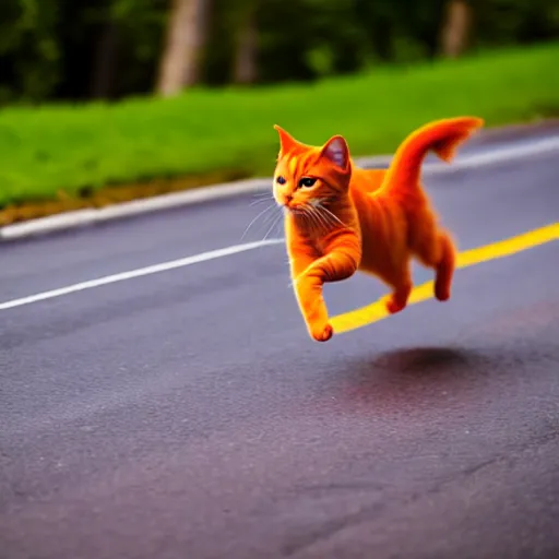 Image similar to a very fast orange cat flying through the road, high definition, beautiful award winning photography, 8 k.