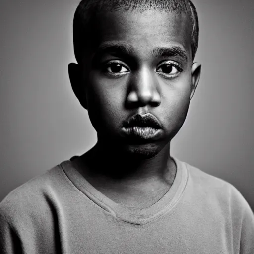 Image similar to the face of young kanye west wearing yeezy clothing at 1 2. 5 years old, black and white portrait by julia cameron, chiaroscuro lighting, shallow depth of field, 8 0 mm, f 1. 8