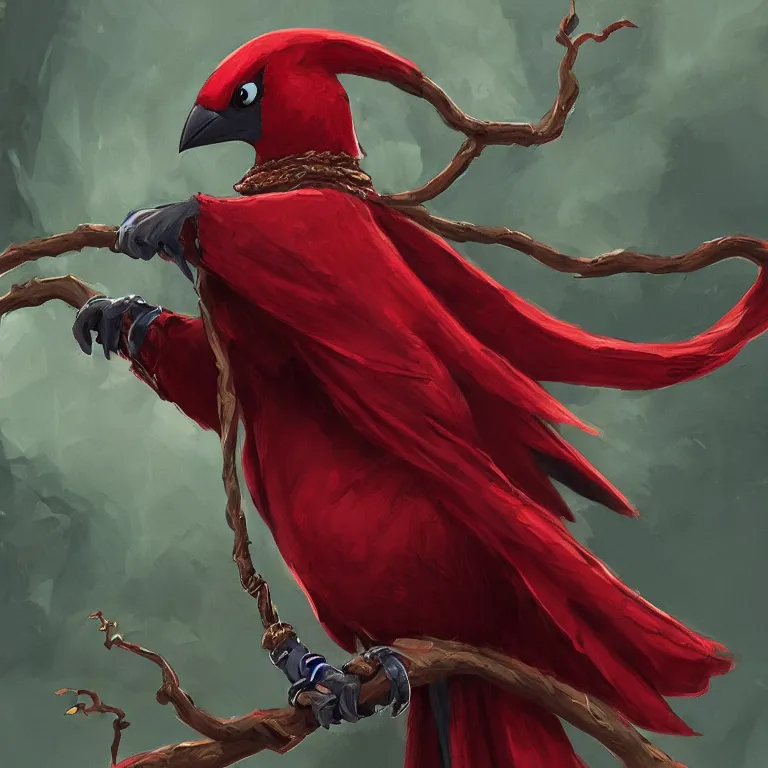 Image similar to a red Kenku druid in a cloak holding a vine whip, fantasy art, digital art, 4K,