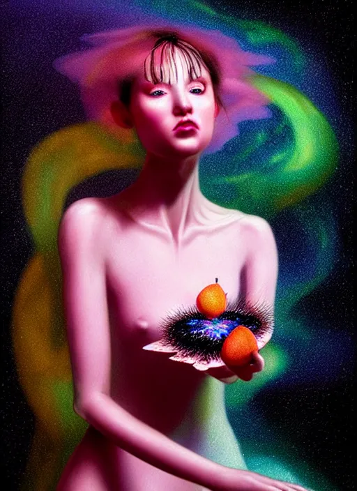 Image similar to hyper detailed 3d render like a chiariscuro Oil painting with focal blur - Aurora (Singer) looking adorable and seen in dynamic pose joyfully Eating of the Strangling network of yellowcake aerochrome and milky Fruit and Her delicate Hands hold of gossamer polyp blossoms bring iridescent fungal flowers whose spores black the foolish stars to her smirking mouth by Jacek Yerka, Mariusz Lewandowski, Houdini algorithmic generative render, Abstract brush strokes, Masterpiece, Edward Hopper and James Gilleard, Zdzislaw Beksinski, Mark Ryden, Wolfgang Lettl, hints of Yayoi Kasuma, octane render, 8k