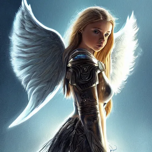 Image similar to portrait of young aasimar angel valkyrie warrior girl maiden wearing comfy leather armor with beautiful feathered angel wings, blue eyes, Chloe Moretz, Natalie Portman, Emily Ratajkowski, innocent, intricate, elegant, highly detailed, ultradetailed, hyperdetailed, artstation, concept art, smooth, sharp focus, illustration, art by artgerm and greg rutkowski and Rossdraws and Bluesssatan and Mandy Jurgens