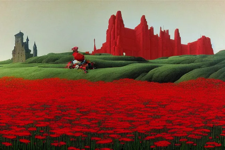 Image similar to only with red, a red expanse of flowers of different types, castle in background, goblin dance over the flowers, in the style of beksinski, parts by edward hopper, parts by rodcenko, parts by yue minjun, intricate and epic composition, red by caravaggio, insanely quality, highly detailed, masterpiece, red light, artstation, 4 k