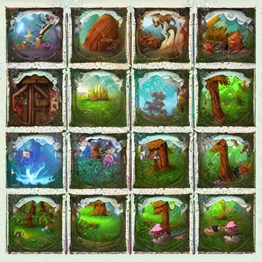 Prompt: enchanted magical forest environment tile set, art assets, tile set, hd, high detail