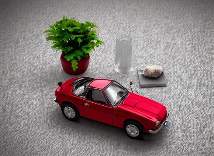 Image similar to a small miniature of a red Datsun 1200 on a white table near a book and a vase with a plant, 3d render, octane render, unreal engine 5, path tracing, serene landscape, calm, relaxing, beautiful landscape, highly detailed, high quality, 4k, symmetrical, low contrast