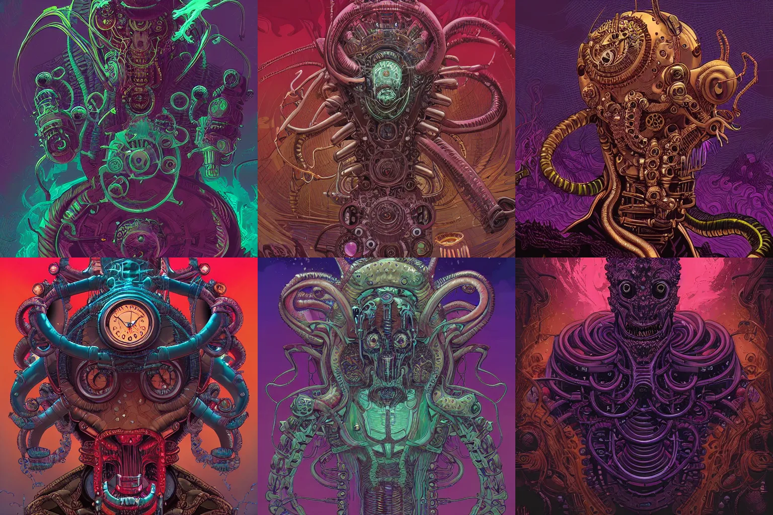 Prompt: digital painting of a steampunk elder god, hyperdetailed, cosmic horror, abomination, by Tomer Hanuka and Dan Mumford and Laurie Greasley, eldritch god, trending on Artstation