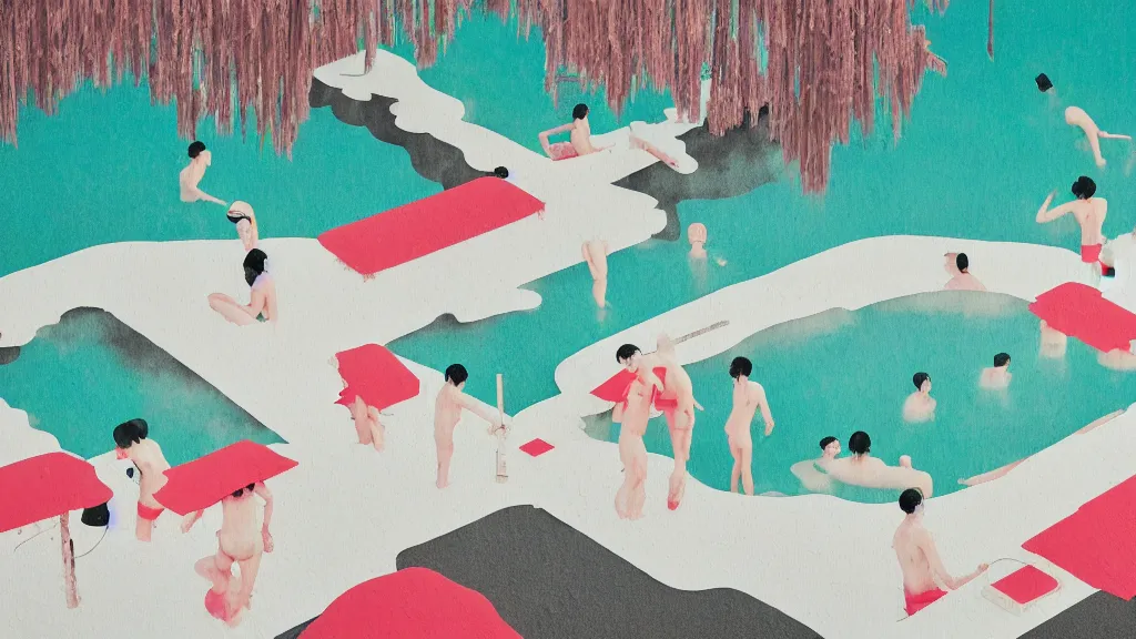 Image similar to japan natural hot spring, a collage painting, in the style of wes anderson, lola dupre, david hockney, isolated on negative white space background dark monochrome neon spraypaint accents volumetric octane render