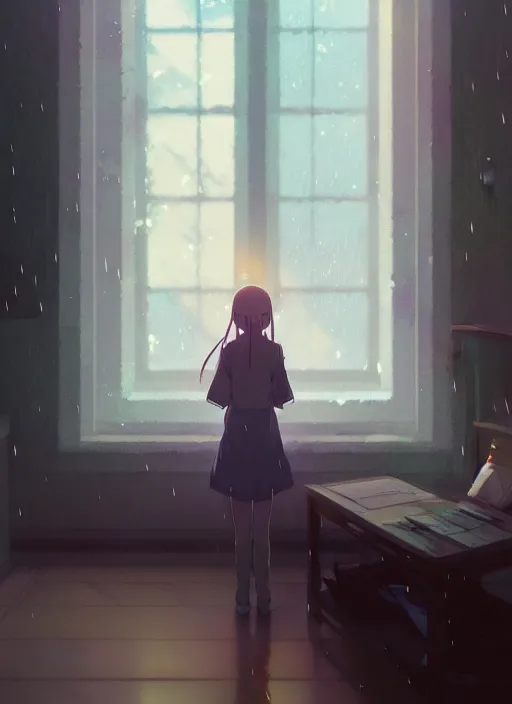 Image similar to interior, near the window, rainy outside, illustration concept art anime key visual trending pixiv fanbox by wlop and greg rutkowski and makoto shinkai and studio ghibli