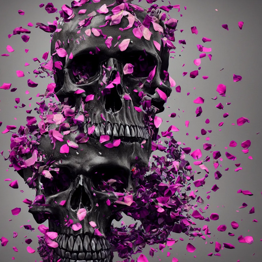 Image similar to obsidian skull surrounded by flower petals, octane render, trending on artstation