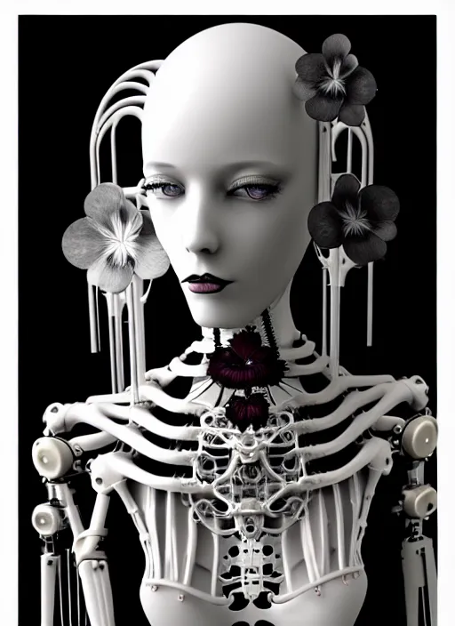 Prompt: 1 9 3 0 black and white dreamy foggy gothic masterpiece profile face portrait, one steampunk eye biomechanical beautiful young female cyborg - robot, body ribs meshes, big monocular, volumetric light, hibiscus flowers, by hg giger, rim light, big gothic fashion pearl embroidered collar, 8 k
