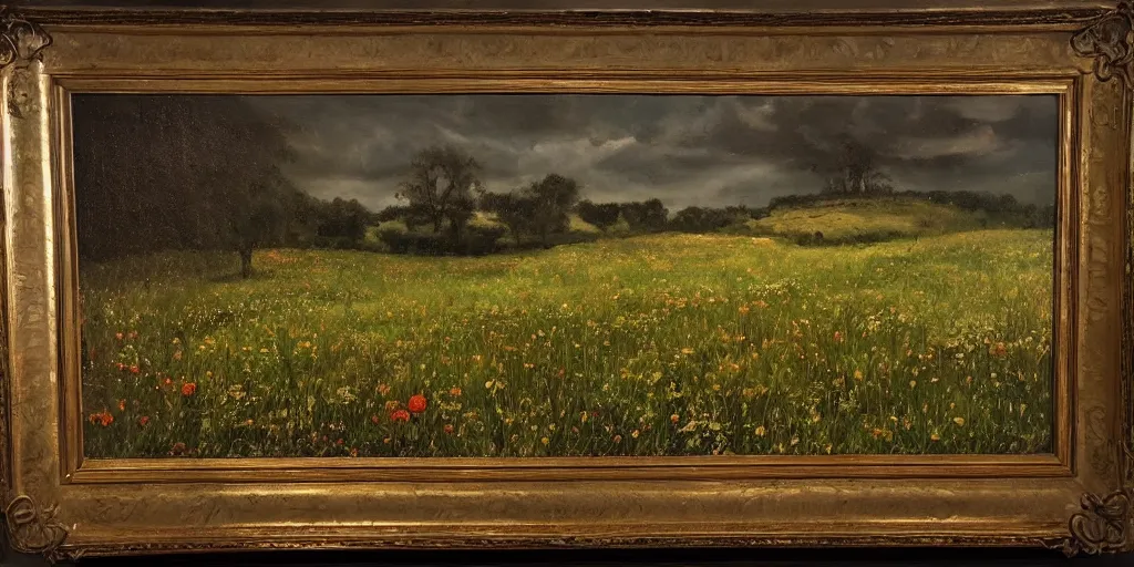 Prompt: a dark oil painting of a beautiful meadow; masterpiece; extremely-detailed; by Carravaggio