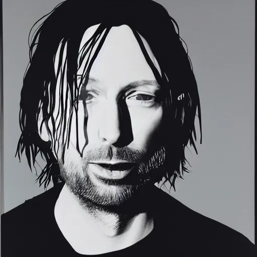 Image similar to Yorke Thom Radiohead yorke thom, with a beard and a black jacket, a portrait by John E. Berninger, dribble, neo-expressionism, uhd image, studio portrait, 1990s