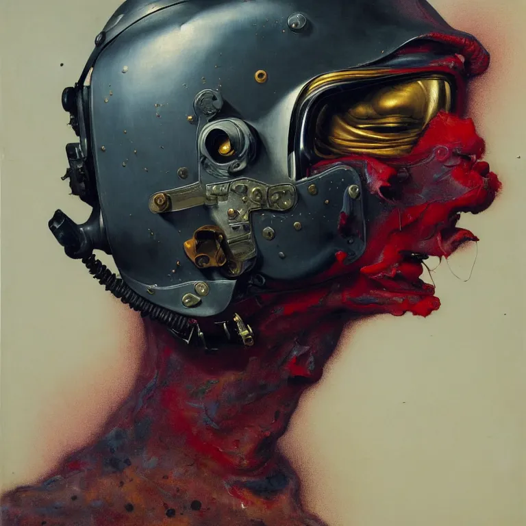 Image similar to hyperrealistic detailed higher angle portrait of a character in fighter pilot helmet, fighter jets, rich deep colors, ultra detail, by francis bacon, james ginn, petra courtright, jenny saville, gerhard richter, zdzisaw beksinski, takato yamamoto. masterpiece, elegant fashion studio ighting 3 5 mm