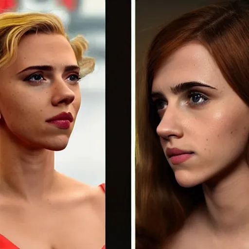 Image similar to a woman who is a genetic combination of scarlett johansson and emma watson face and upper - body focus