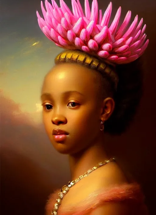 Image similar to stunning african princess, detailed pink and white protea head peace against a black backdrop by ivan aivazovsky, wlop, oil painting, beautiful soft lighting, vintage, rococo, muted colours, artstation