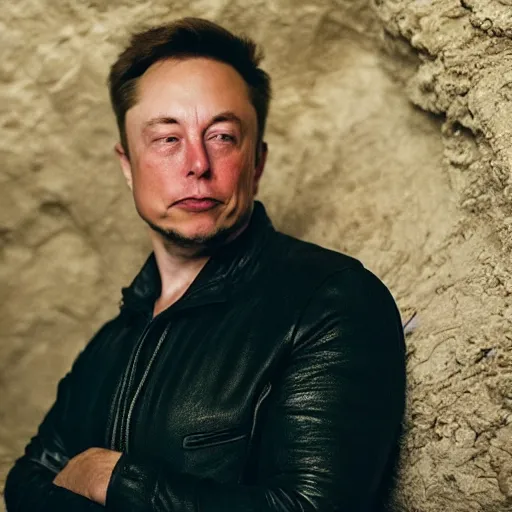 Image similar to voyeuristic cropped closeup of elon musk crying in a dimly lit cave, warm lighting, sony 5 0 mm lens