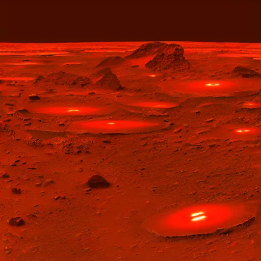 Prompt: Mars landscape, red lights on the sides, green lights on the center, photorealistic, ultra realistic, hyper realistic, 8K, macro