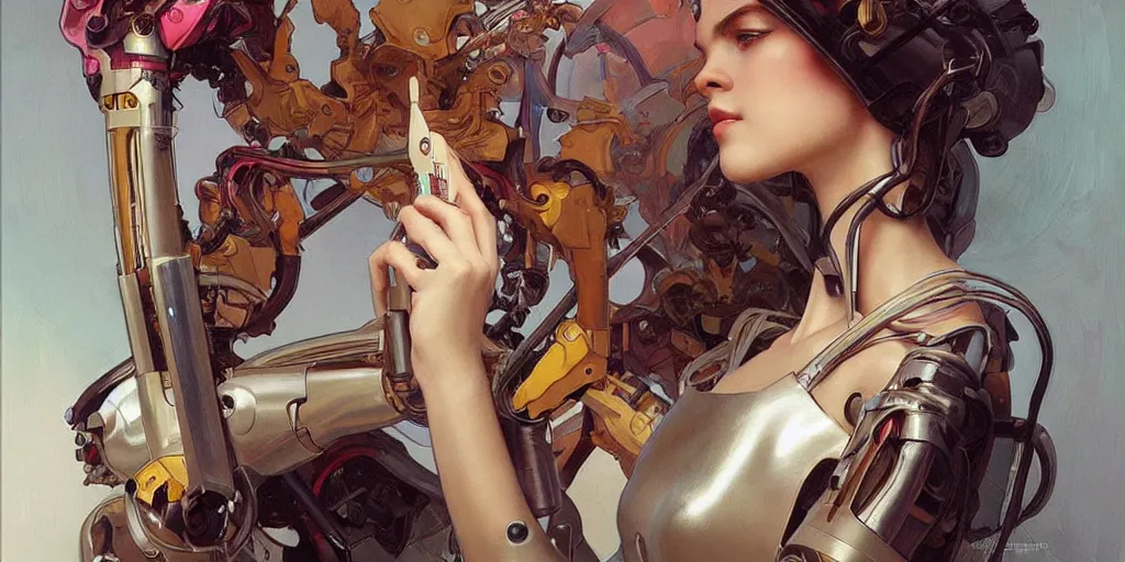 Image similar to female robot holding paintbrush, cybernetic paintbrush, robotic arm, incredibly detailed face, pretty face, true anatomy, art by artgerm and greg rutkowski and alphonse mucha